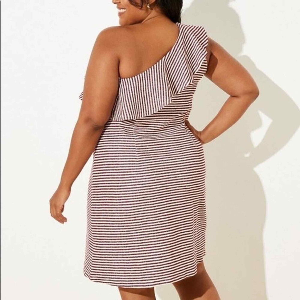 LOFT Womens One Shoulder Ruffle Striped Mini Dress‎ Burgundy White Shift Large